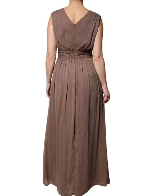 Brown sleeveless maxi dress with deep V-neck and A-line silhouette