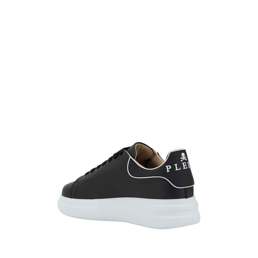 A pair of black calf leather sneakers with white laces and a logo on the side