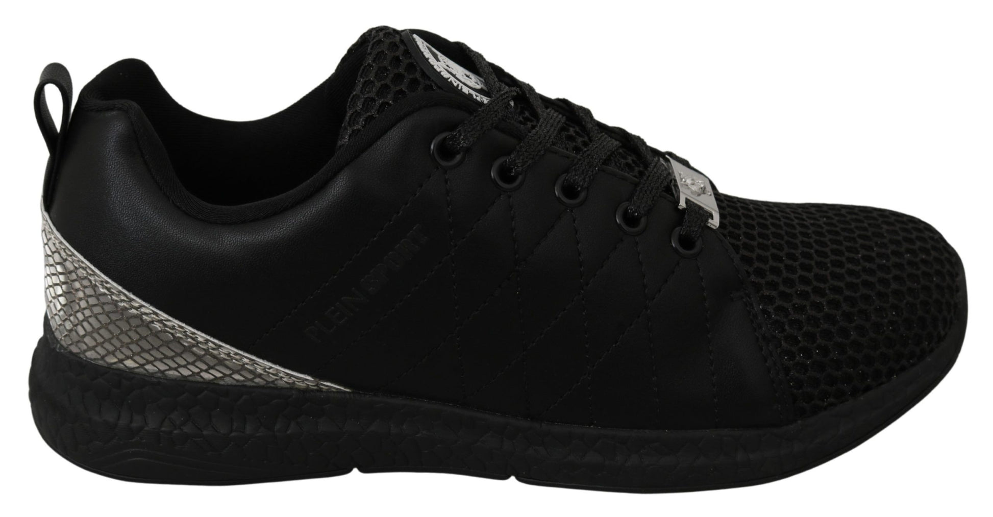 Black sneaker with white laces and a patterned sole