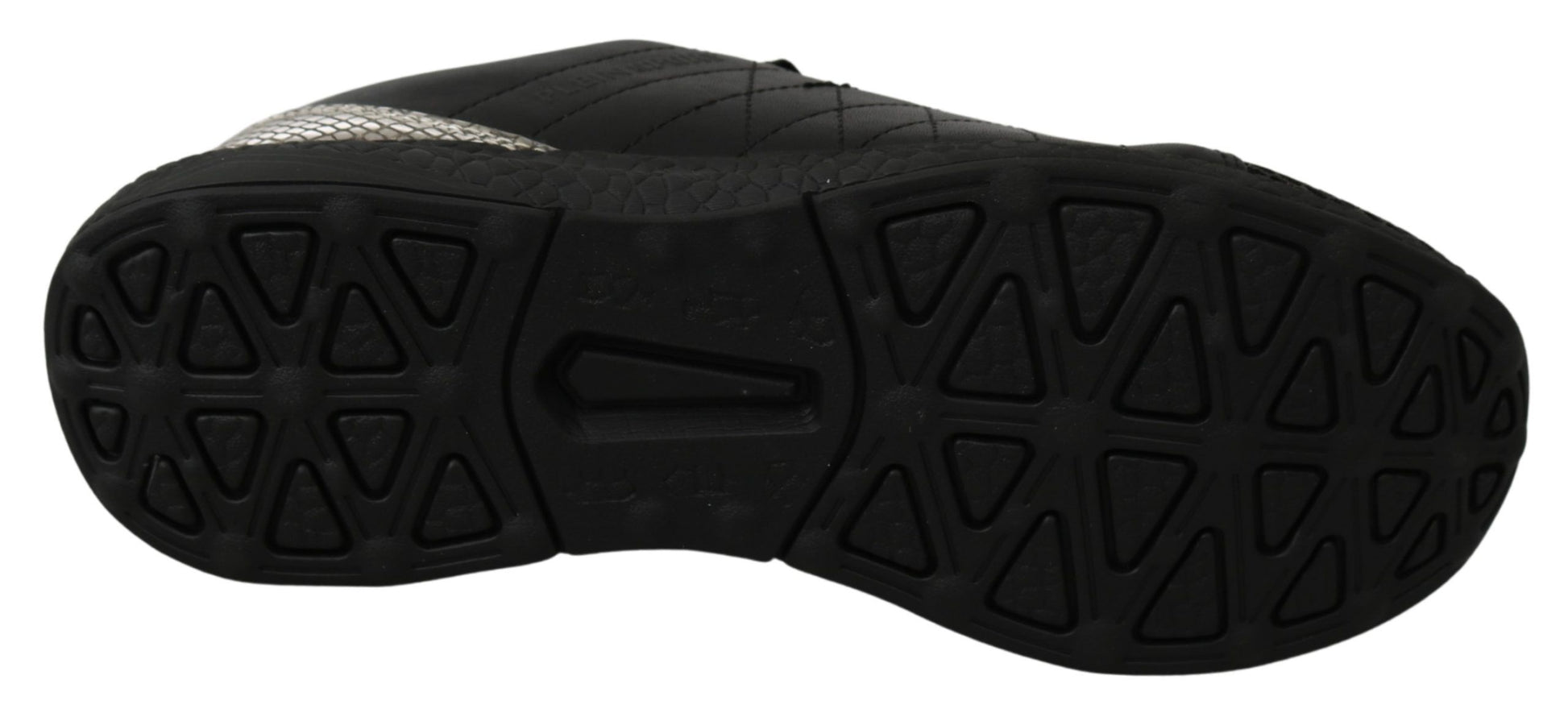 Pair of black hiking shoes with white sole and patterned treads