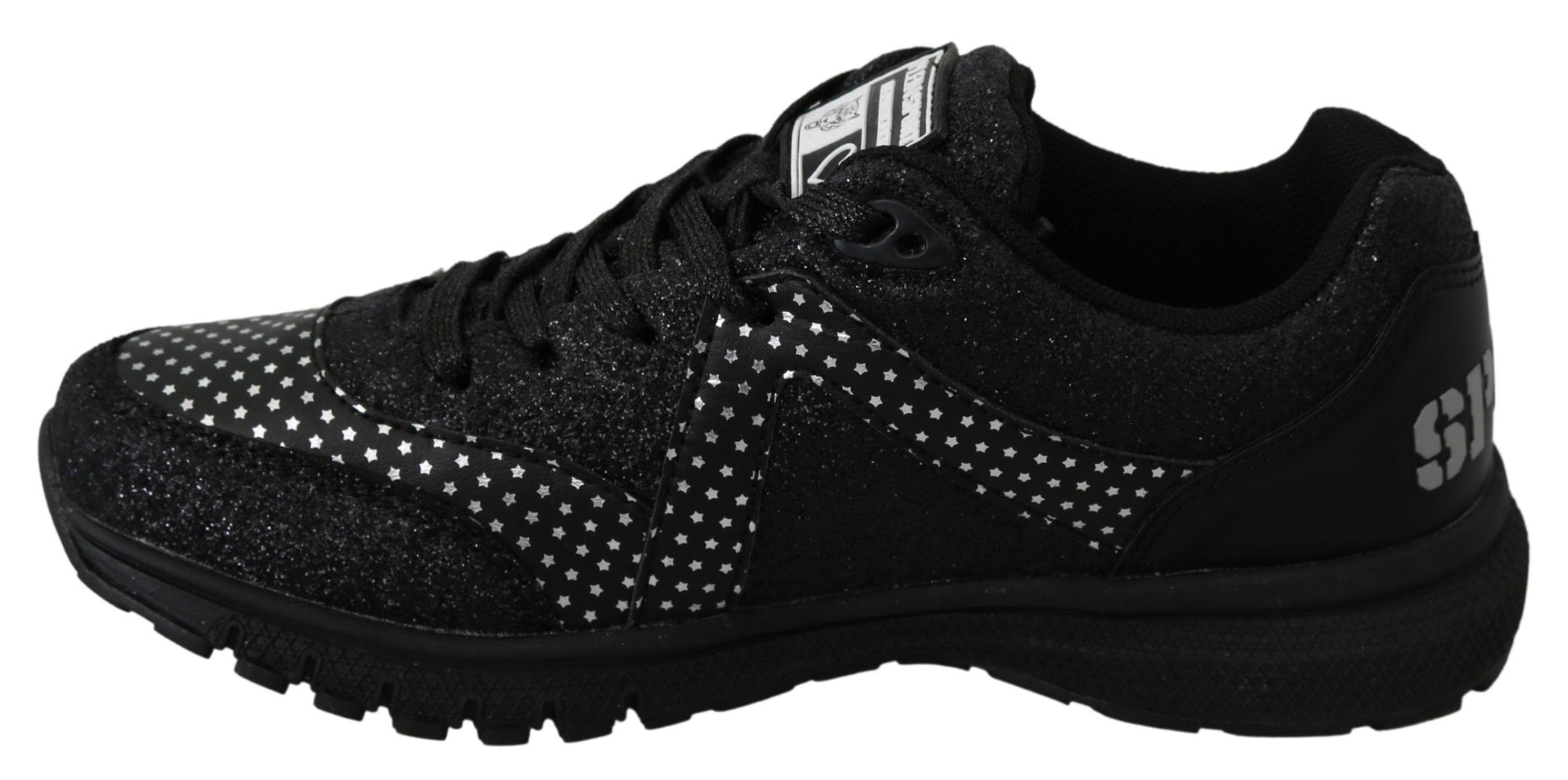 Pair of black and white sneakers with a glittery texture