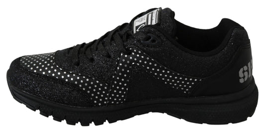 Pair of black and white sneakers with a glittery texture