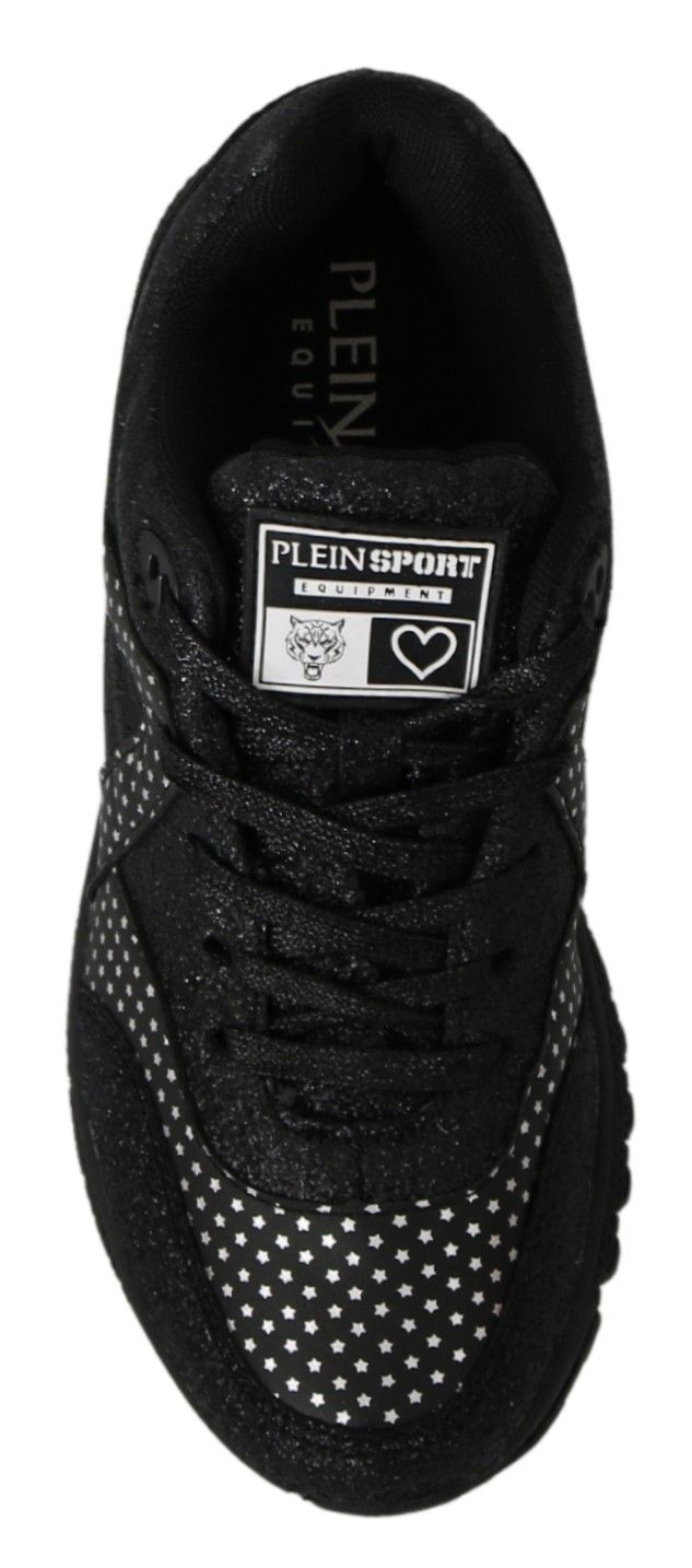 Black sneaker with white logo on side and black laces