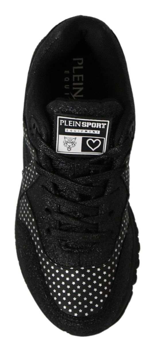 Black sneaker with white logo on side and black laces