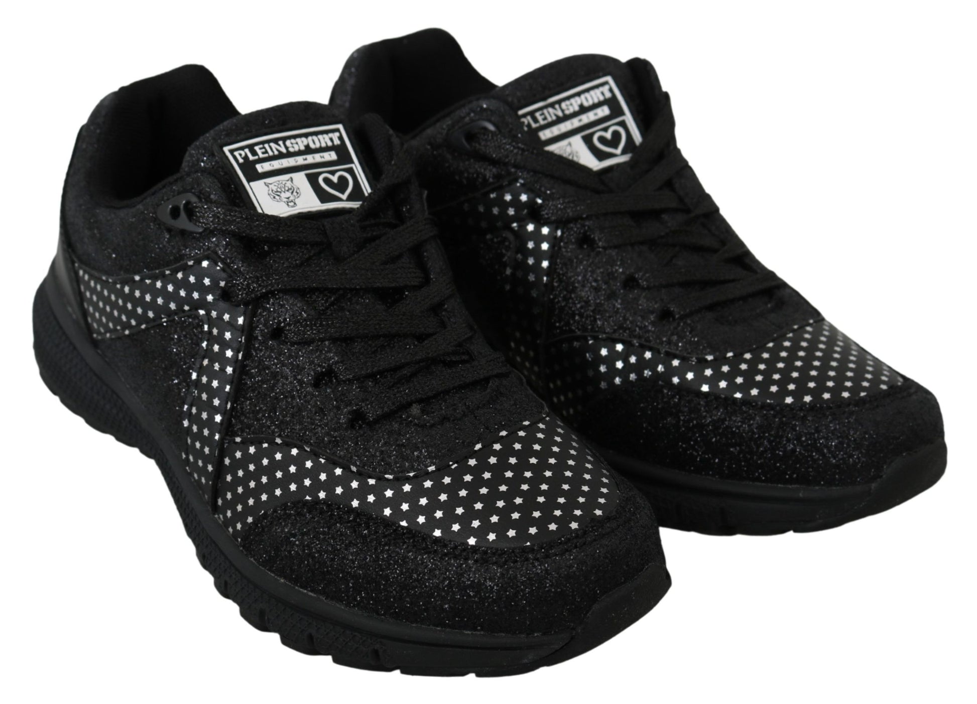 Pair of black sneakers with white soles and a glittery pattern on the upper part