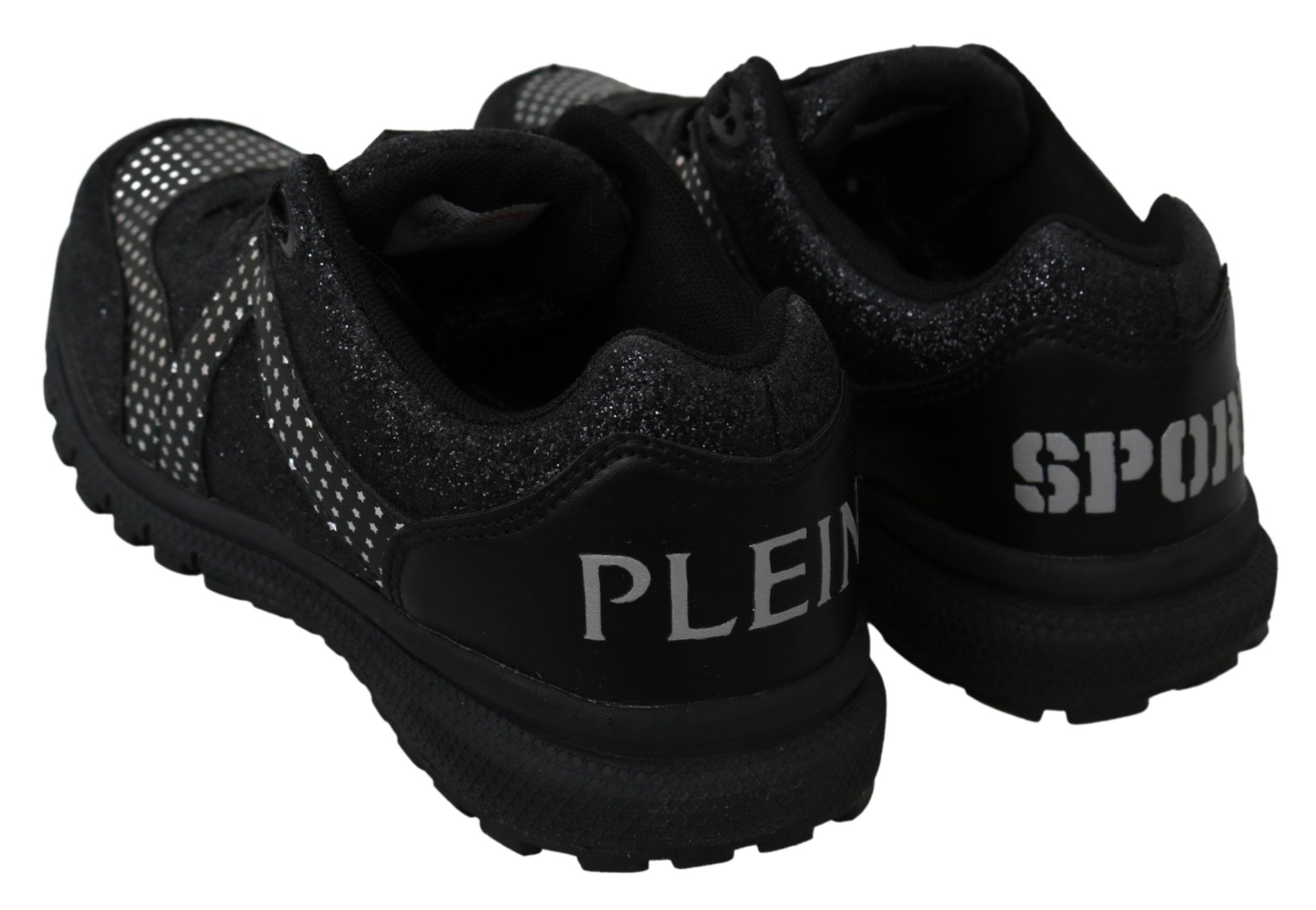 Pair of black sneakers with white lettering and a glittery texture on the side