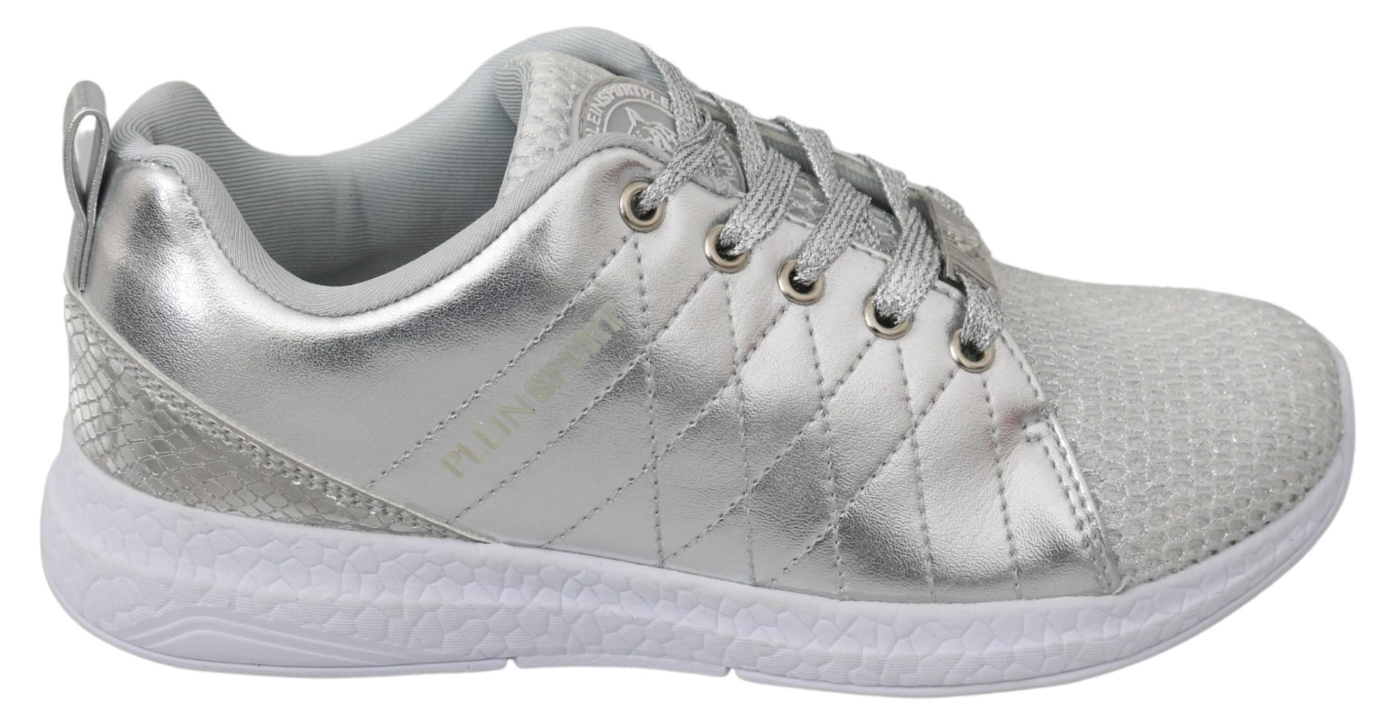 Silver glittery sneakers with white soles