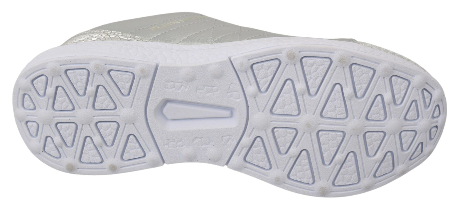 White athletic shoe with blue sole
