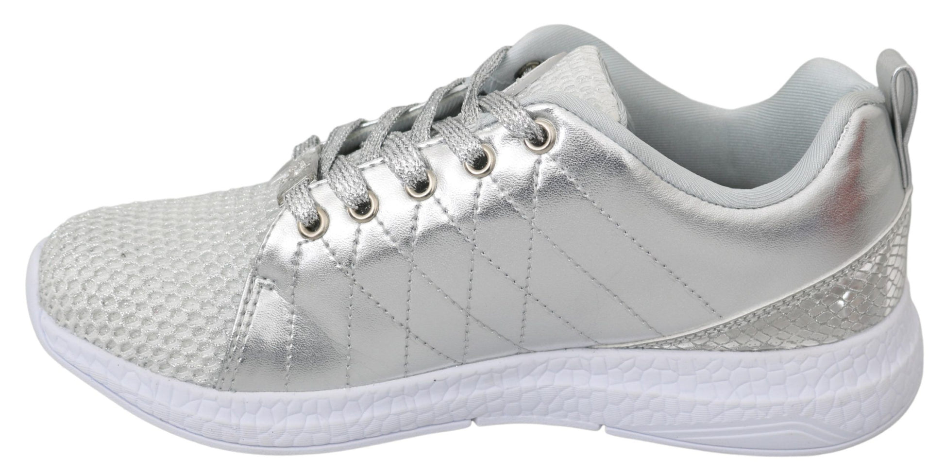 Silver sneakers with white soles