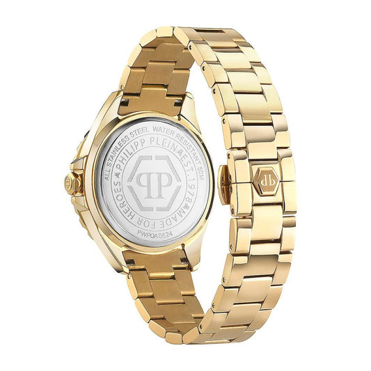 A gold stainless steel watch with a white face, featuring the brand name "Philipp Plein" and a logo on the dial