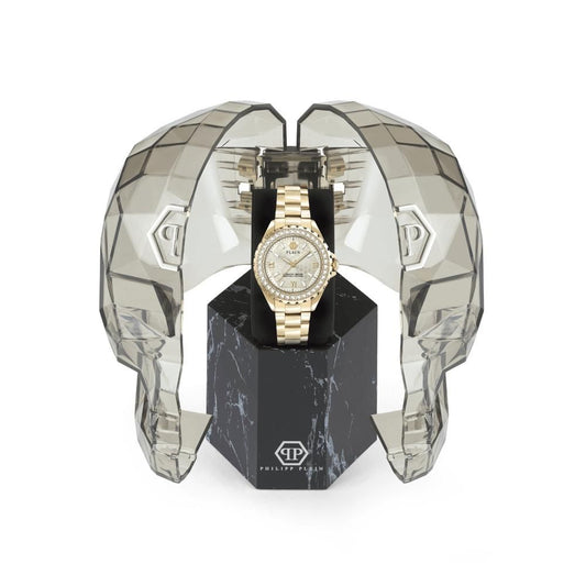 A gold stainless steel watch with a diamond face, set in a black box with a marble-like design