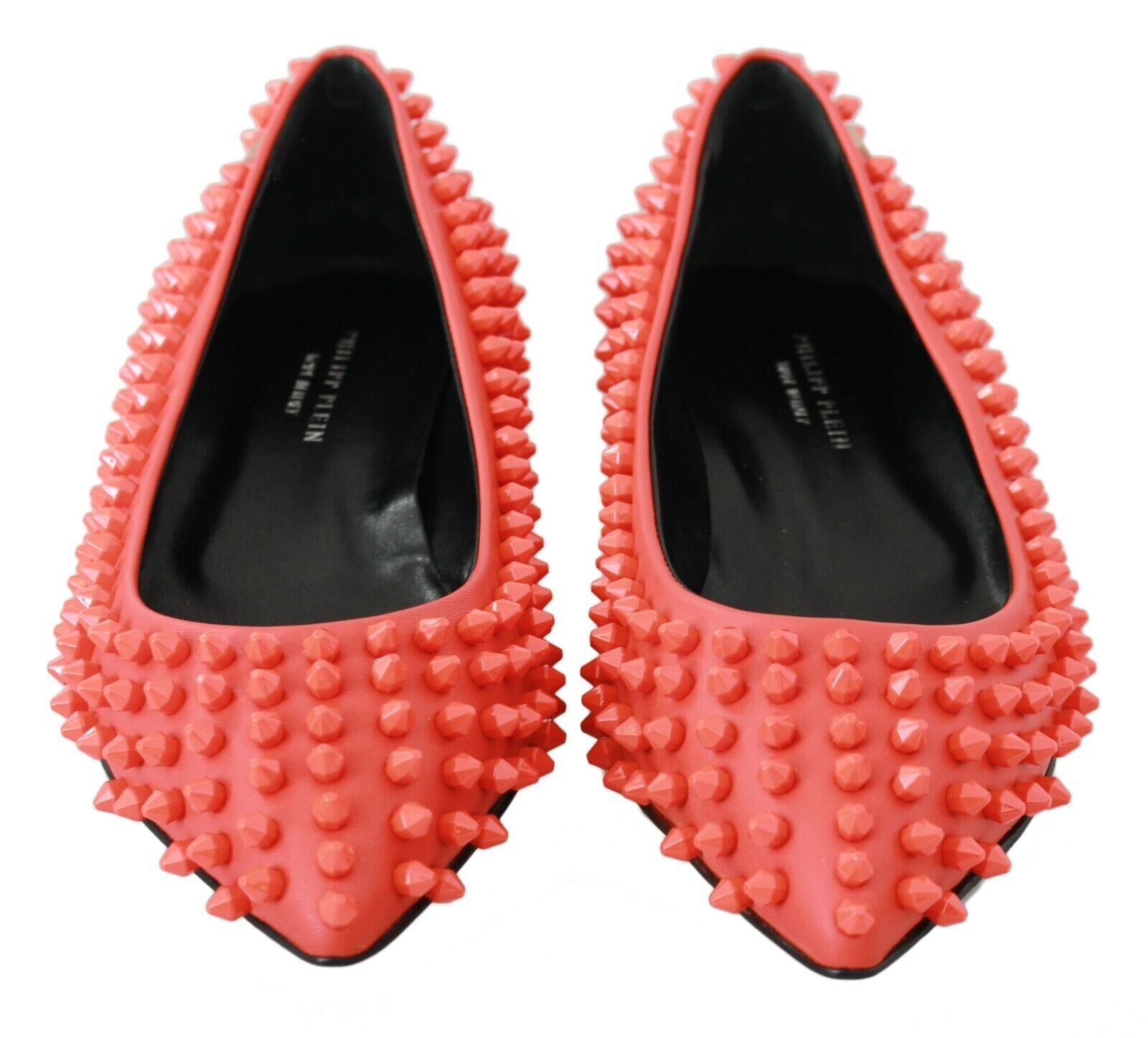 Red high heel shoes with studs on top