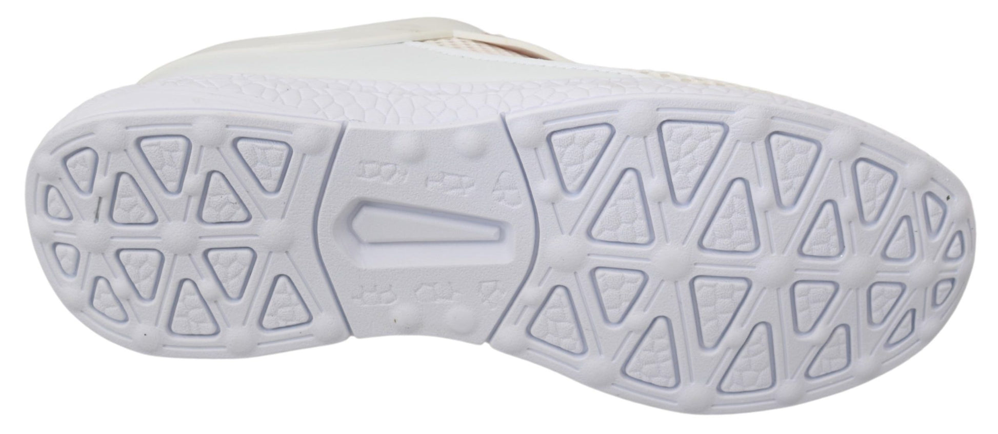 White athletic shoe with patterned sole and laces