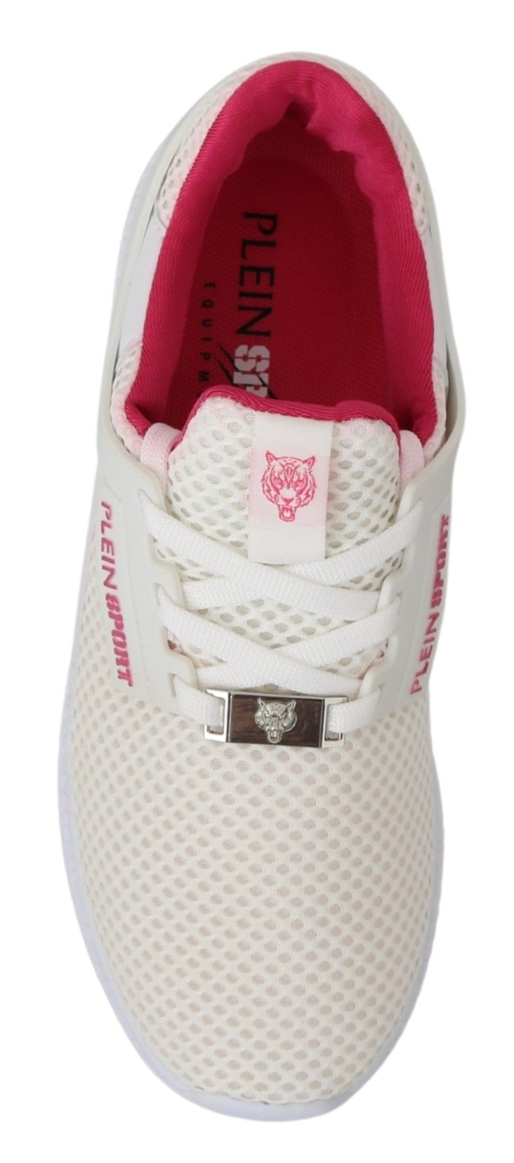 Pink and white sneaker with laces tied in a bow