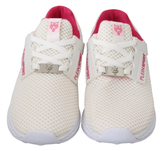 Pair of white sneakers with pink accents and laces