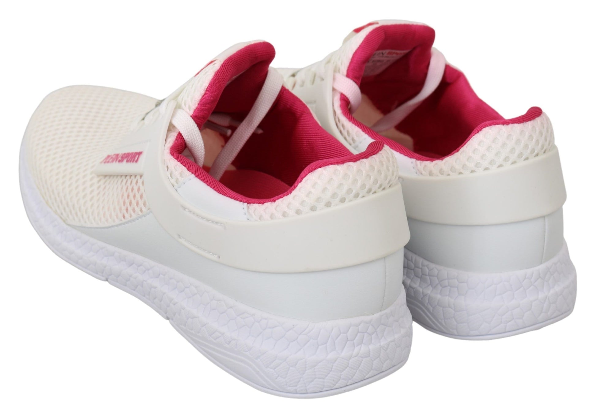 Pair of white and pink sneakers with laces