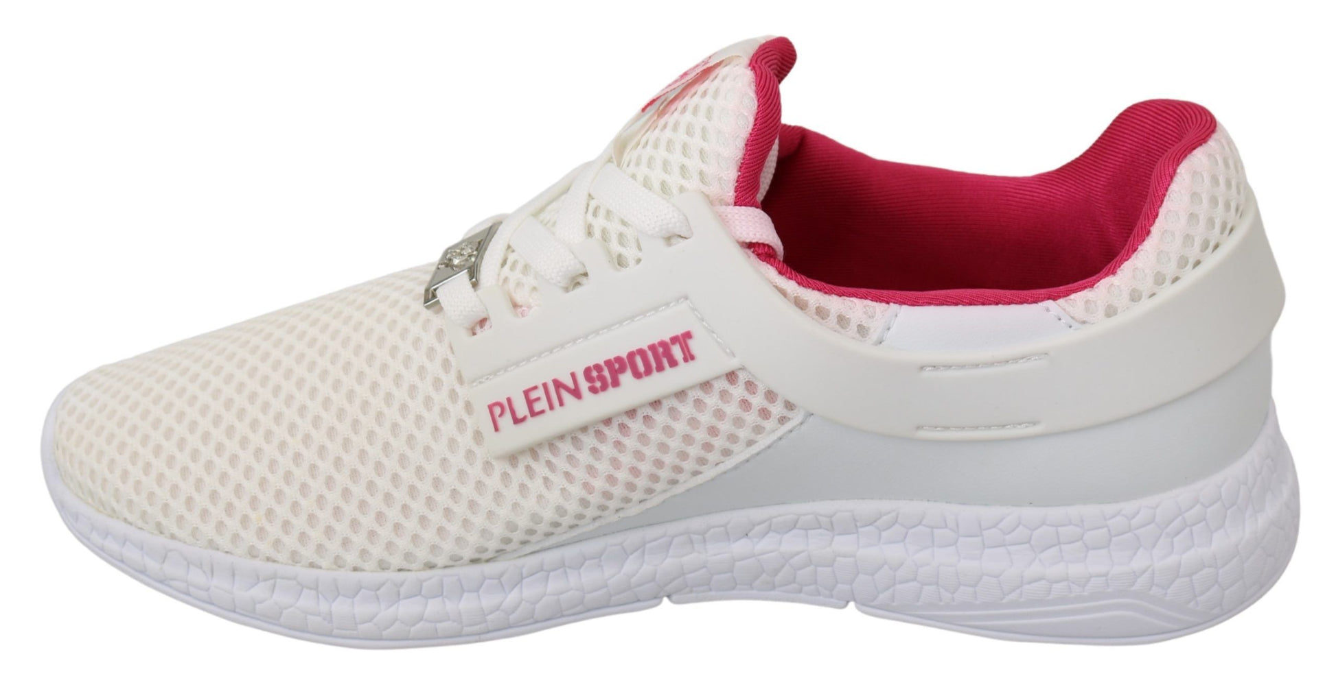 White sneakers with red accents and a logo on the side