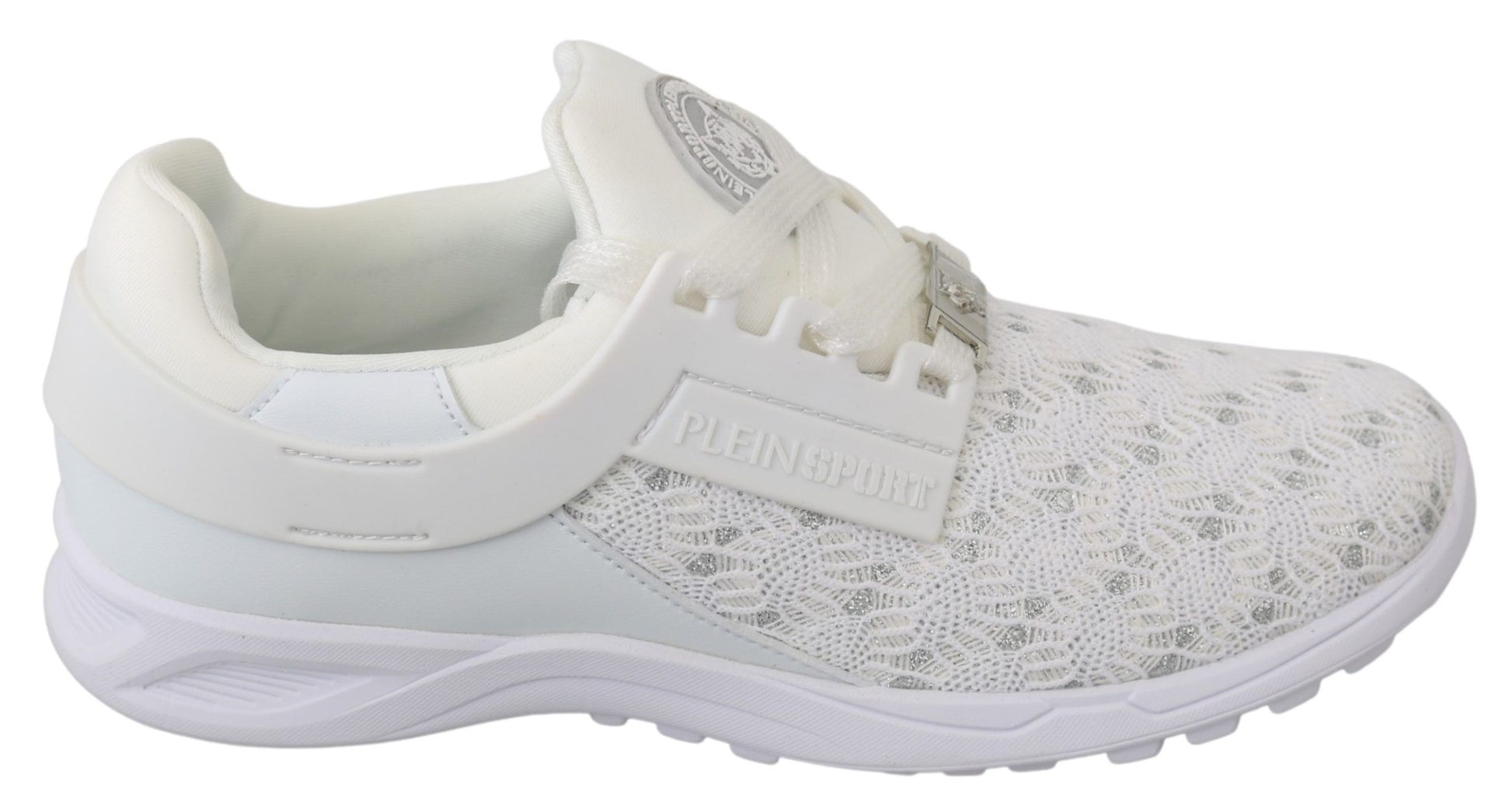 White sneaker with lace closure and patterned design on side
