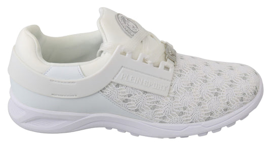 White sneaker with lace closure and patterned design on side