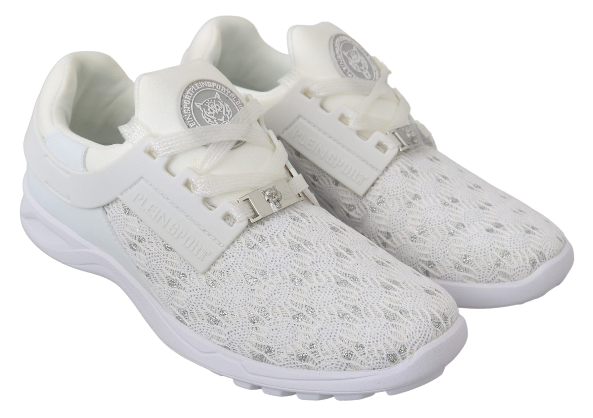 White lace-up sneakers with a patterned design on the side and sole