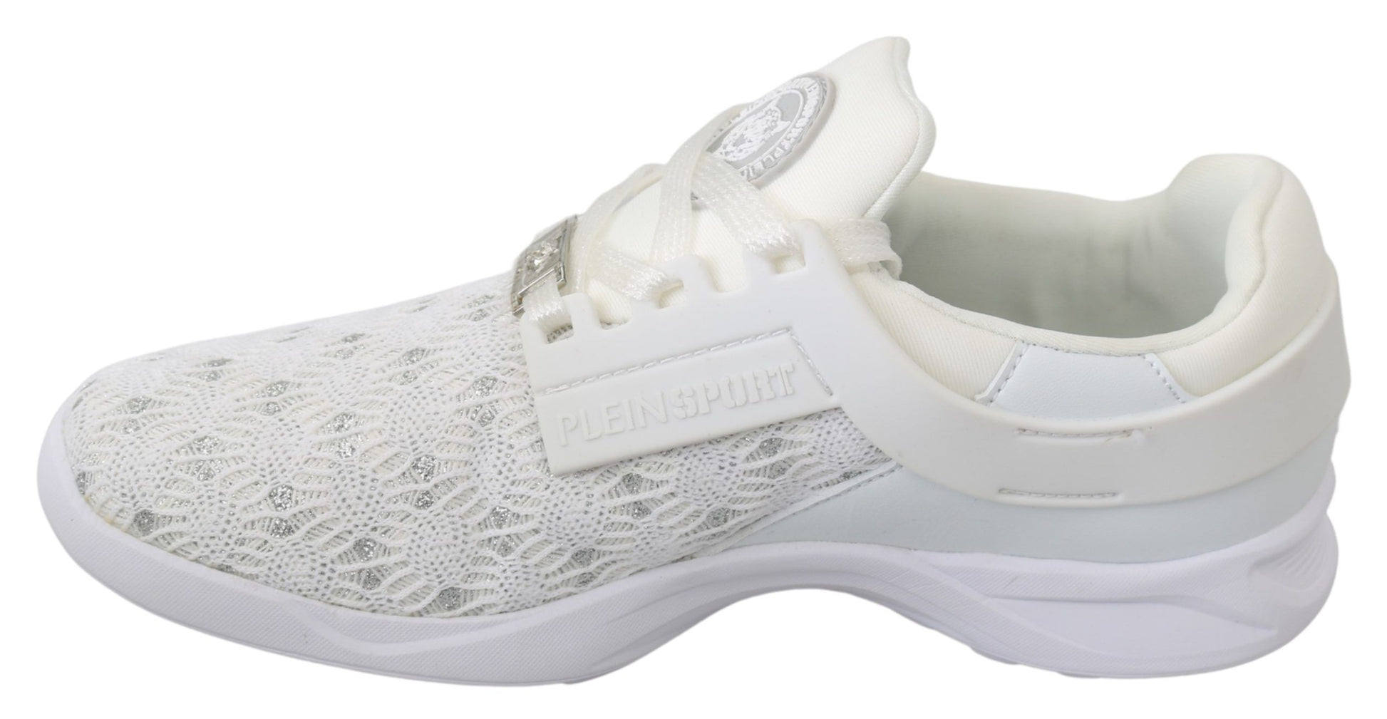 White sneakers with a glittery pattern on the side and sole