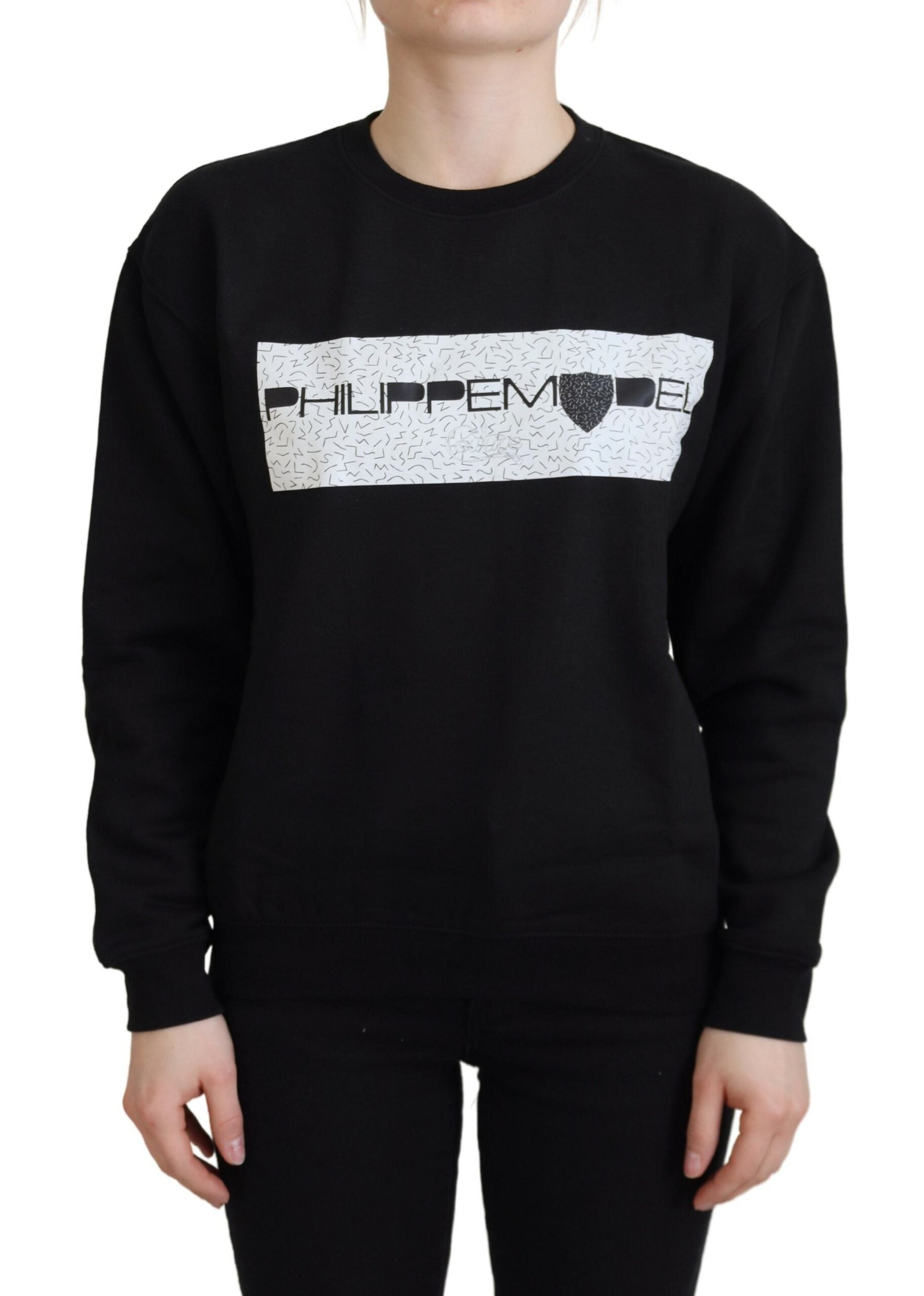 Black sweatshirt with white lettering and design on front