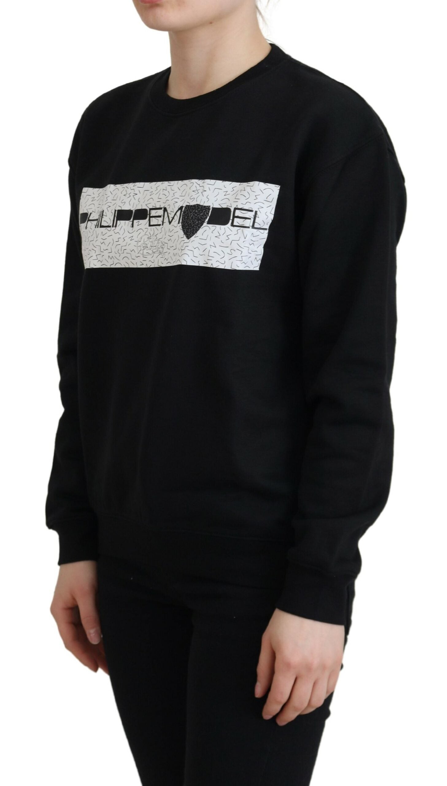 Black long sleeve sweatshirt with white graphic on front