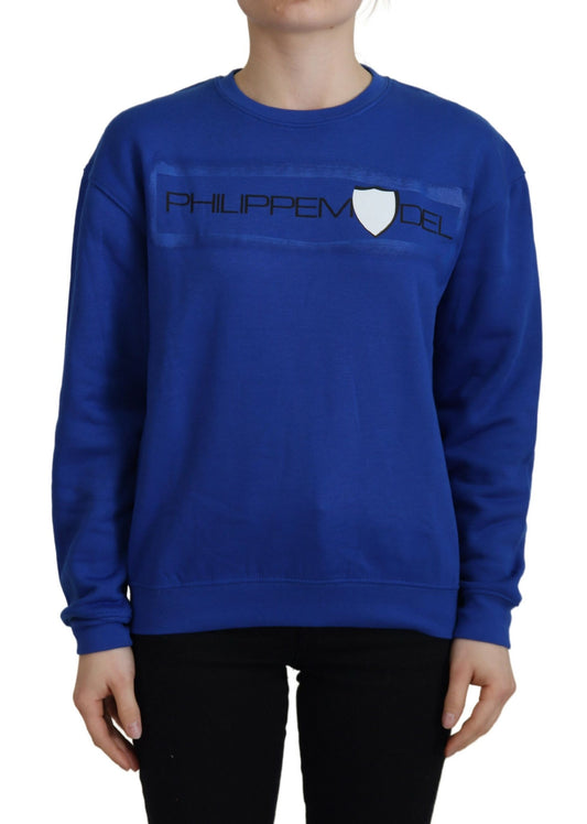 Blue sweatshirt with white lettering and logo on front