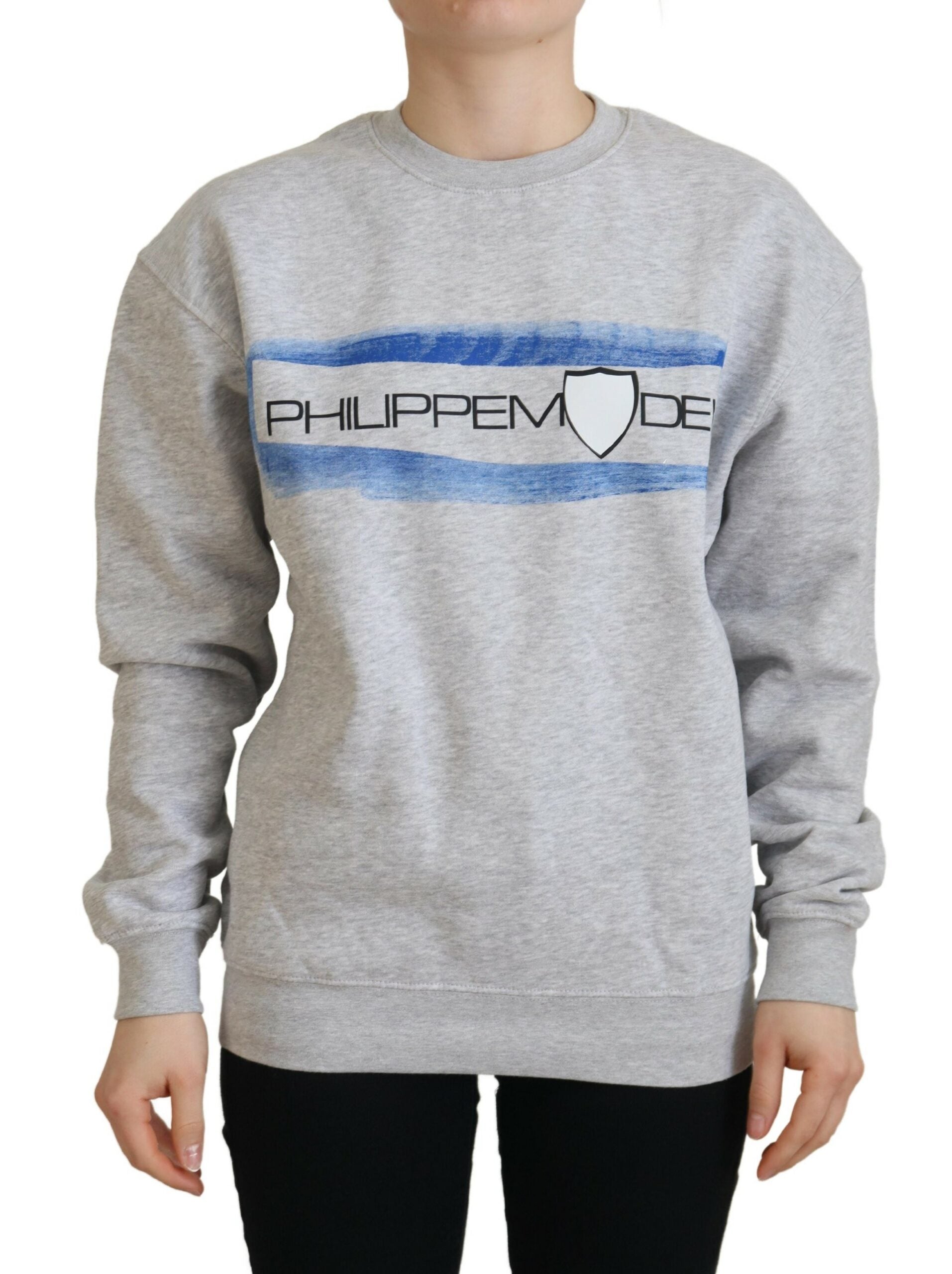 Grey sweatshirt with blue and white design on front