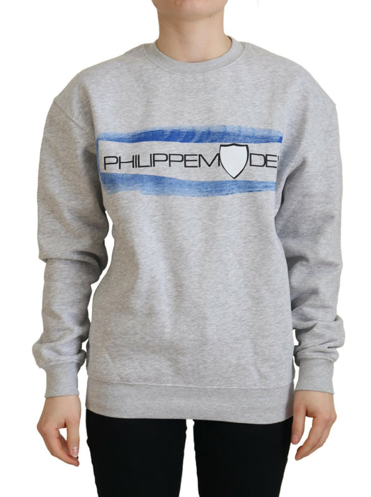 Grey sweatshirt with blue and white design on front