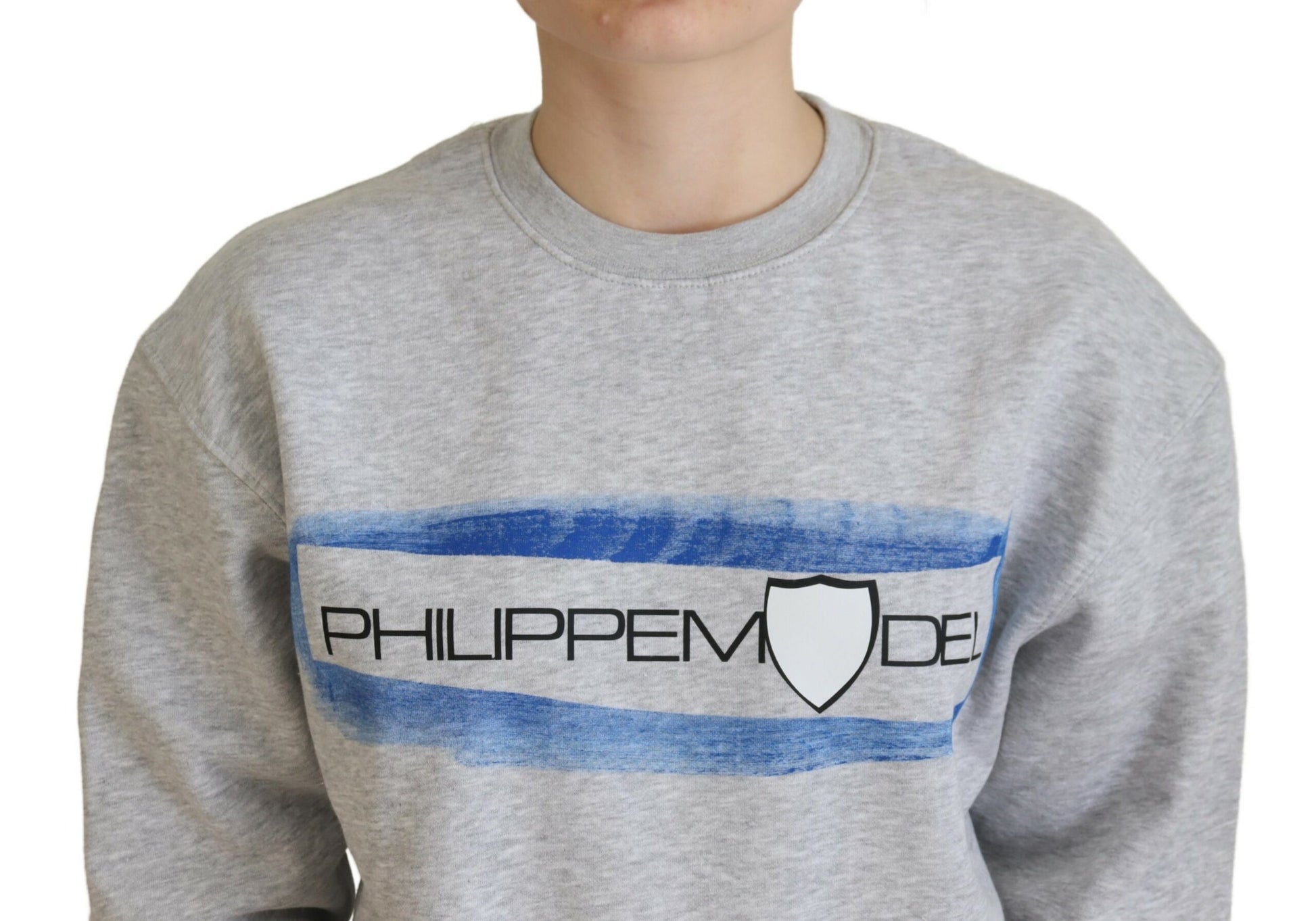 Grey sweatshirt with blue and white design on front