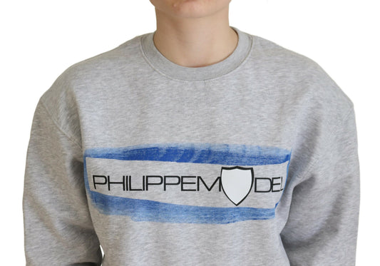 Grey sweatshirt with blue and white design on front
