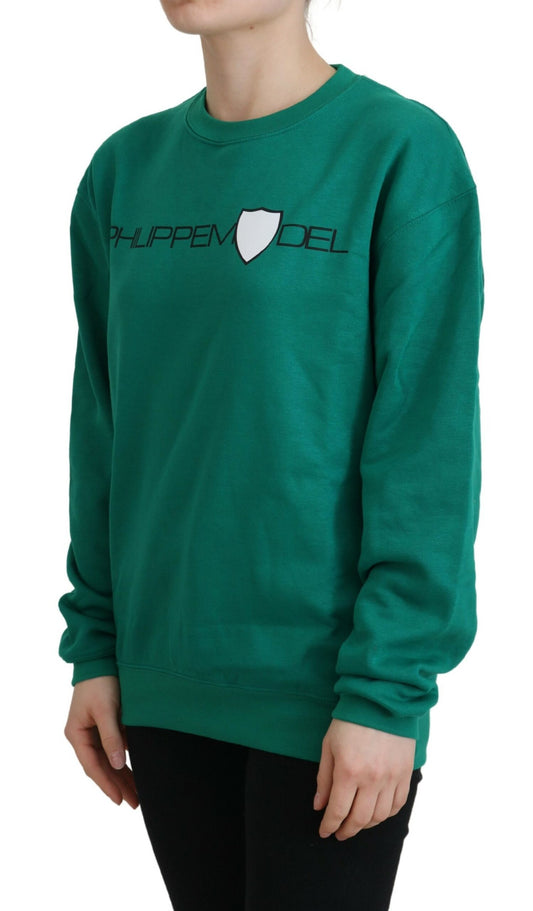 Green sweatshirt with white lettering and logo on front