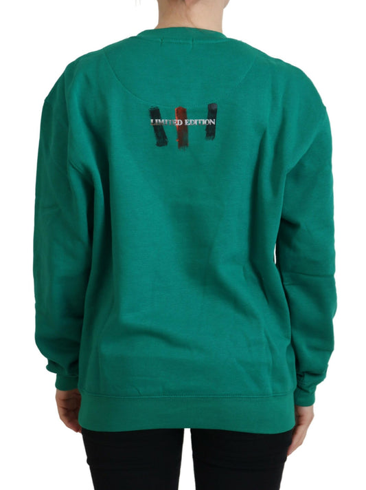 Green sweatshirt with white logo on back