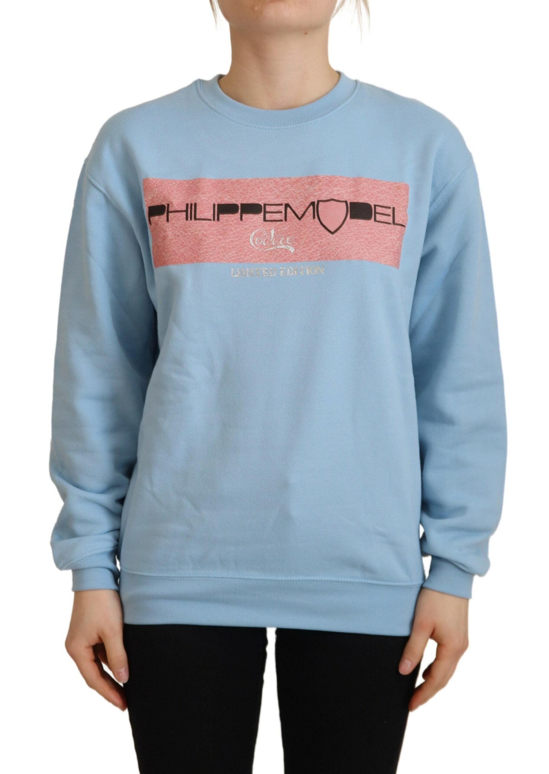 Blue sweatshirt with pink lettering
