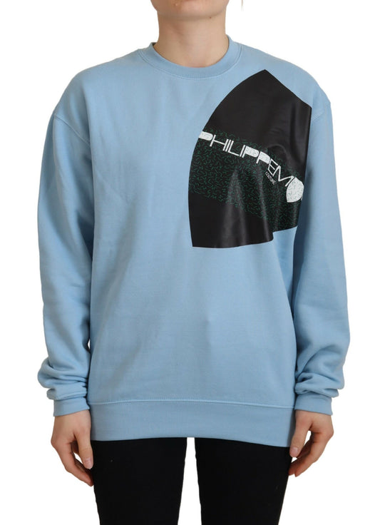 Blue sweatshirt with graphic design on front