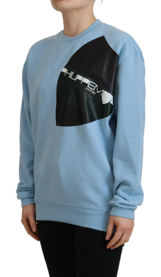 Long sleeve blue sweatshirt with graphic design on front