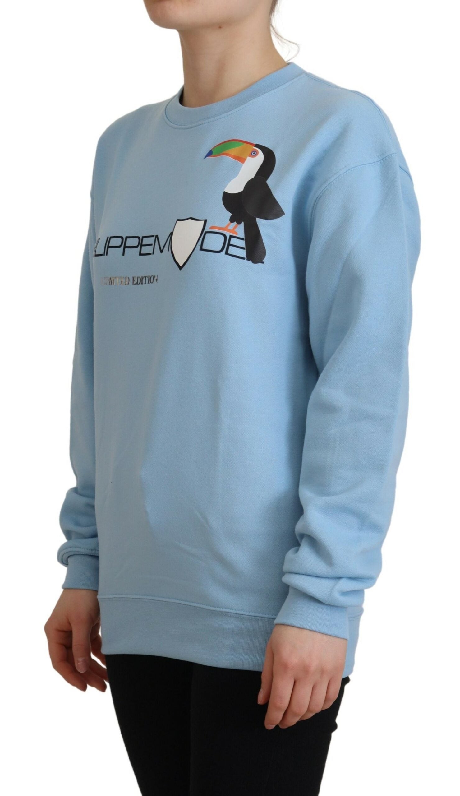Long sleeve blue sweatshirt with graphic design on front