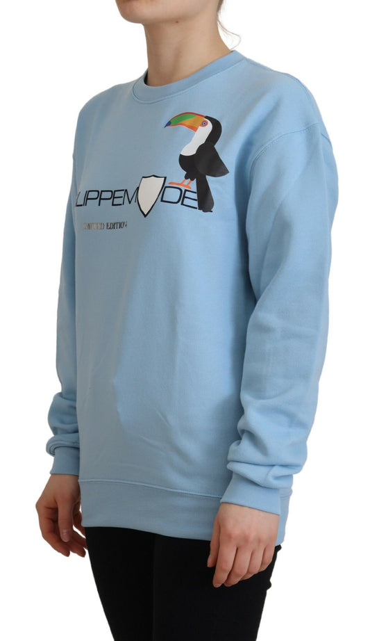 Long sleeve blue sweatshirt with graphic design on front