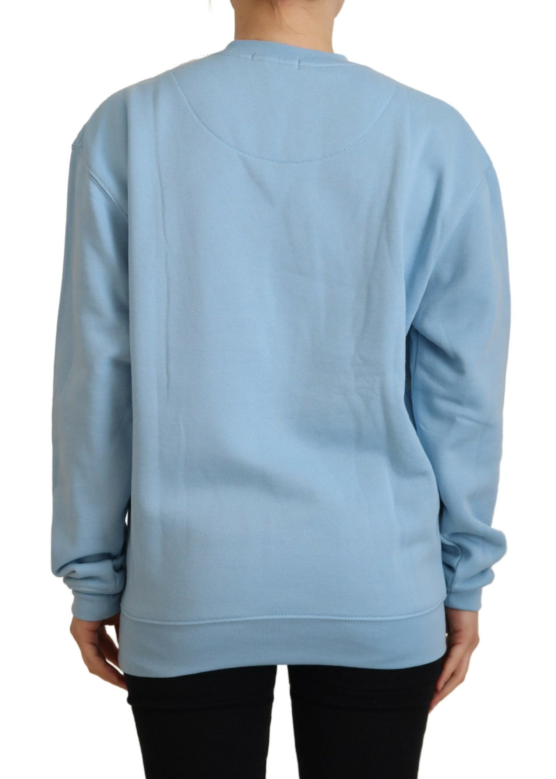 Long sleeved blue sweatshirt on a person's back