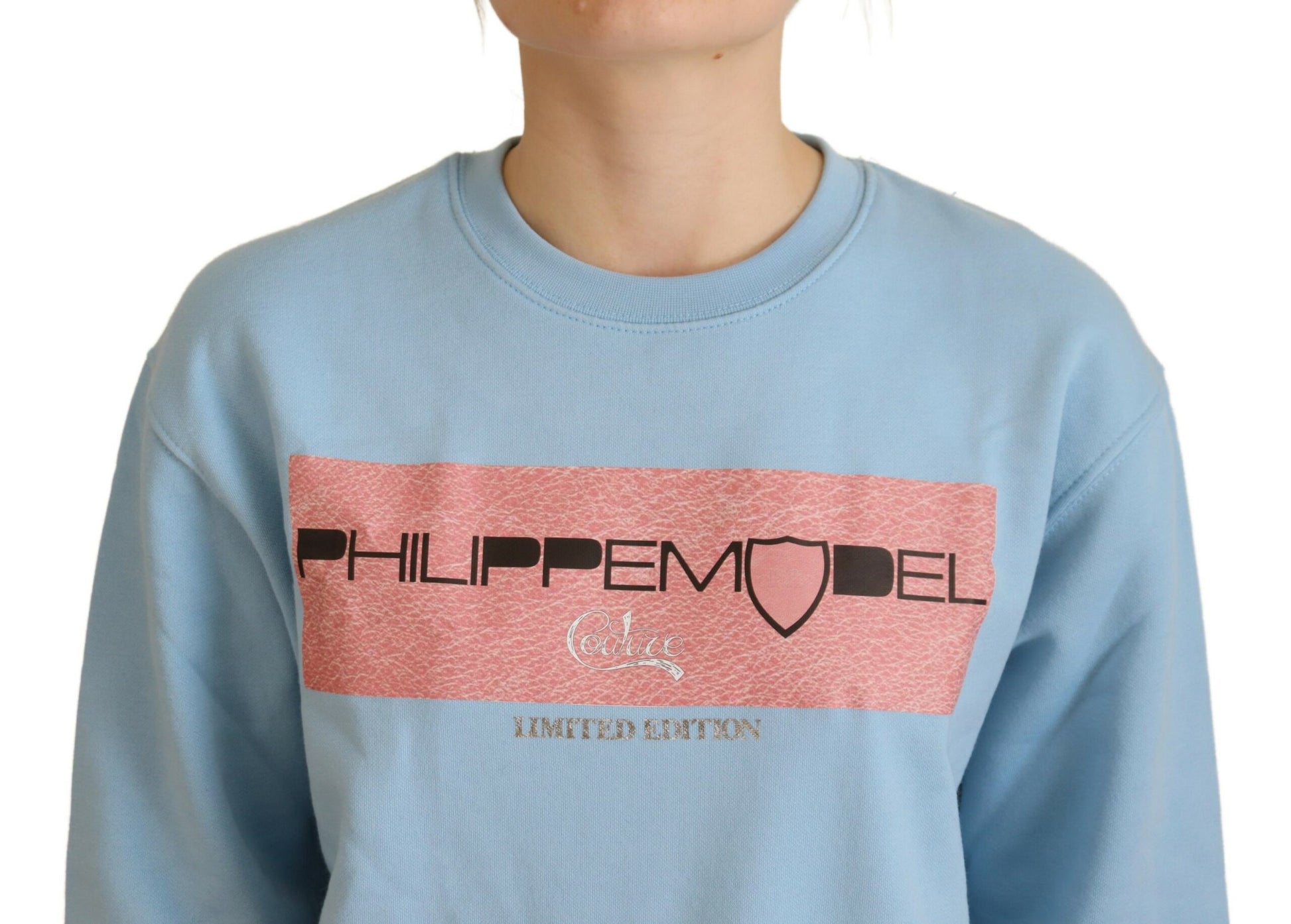 Blue sweatshirt with red and pink logo