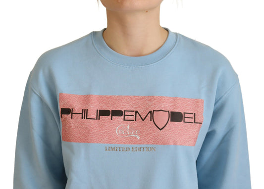 Blue sweatshirt with red and pink logo