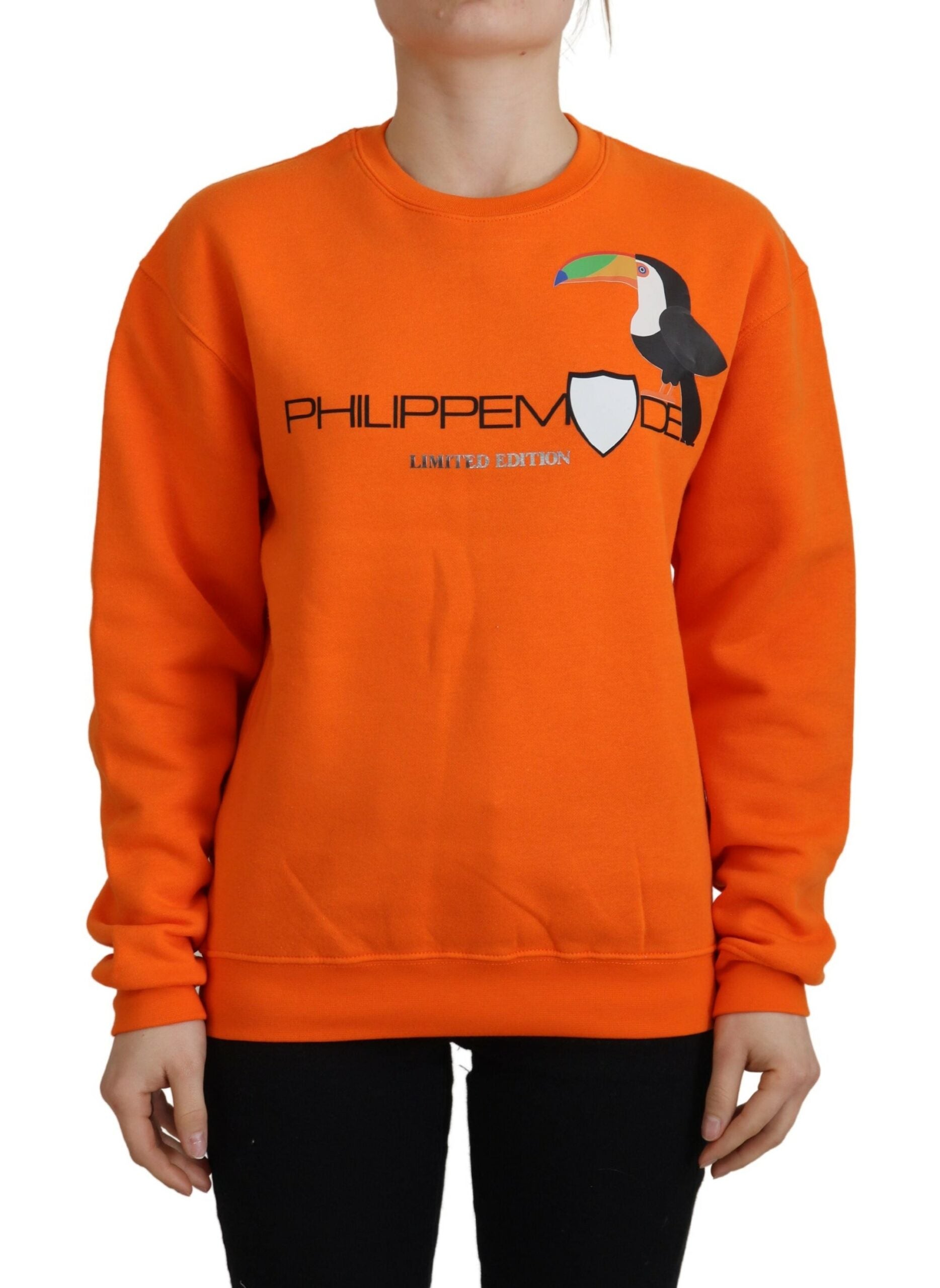 Orange sweatshirt with bird graphic and text