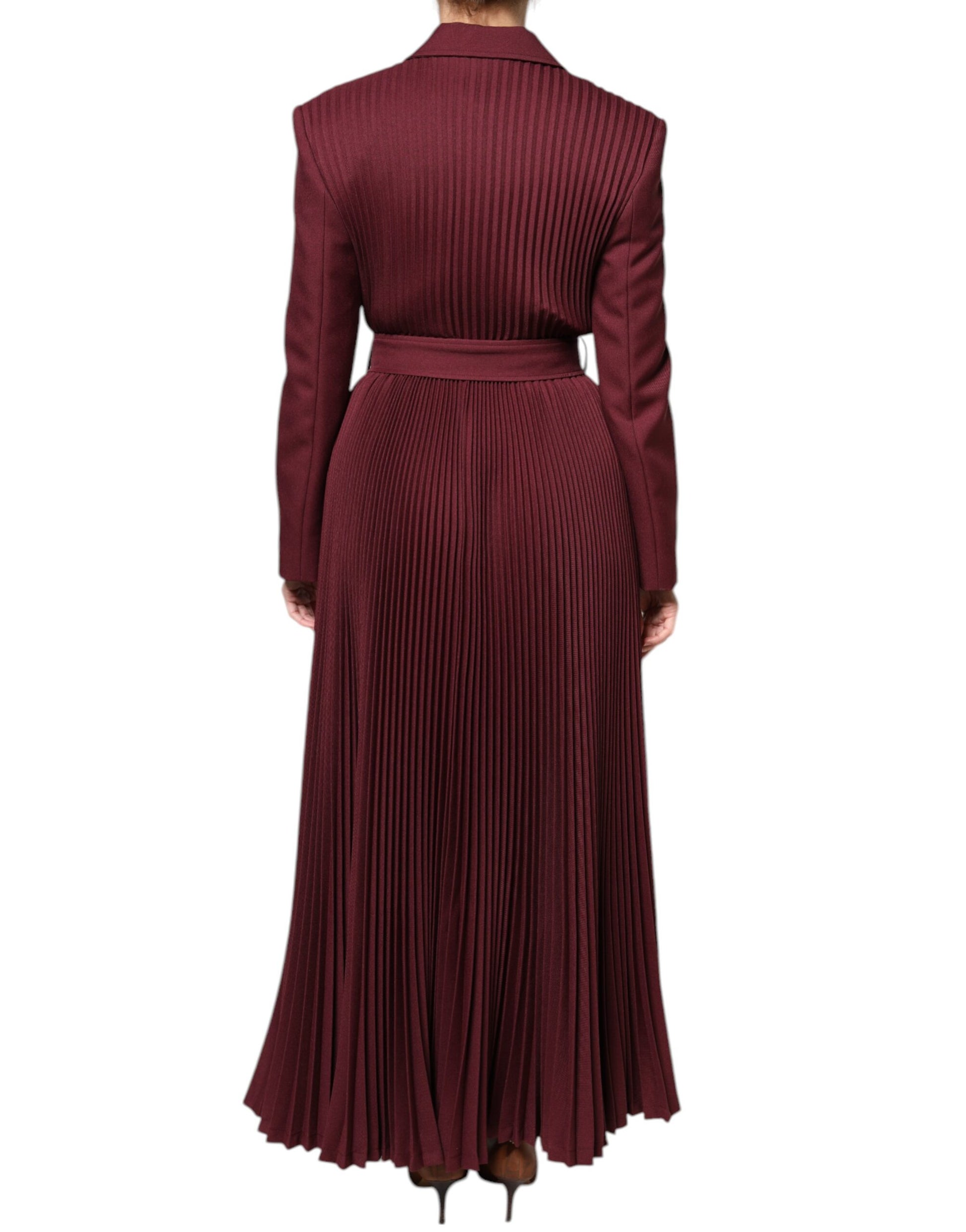 Long maroon dress with belt and buttons down front