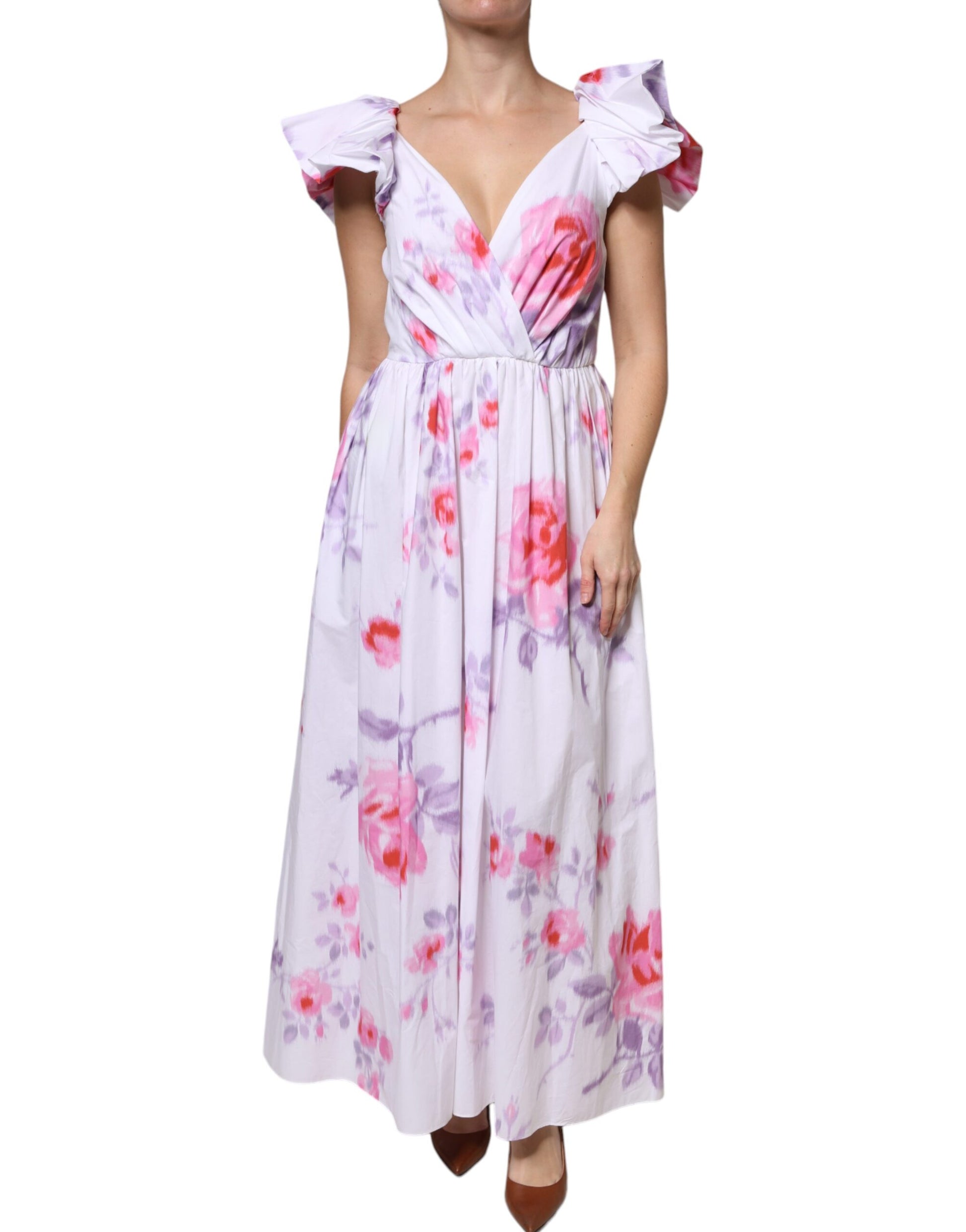 A long white floral maxi dress with a V-neckline