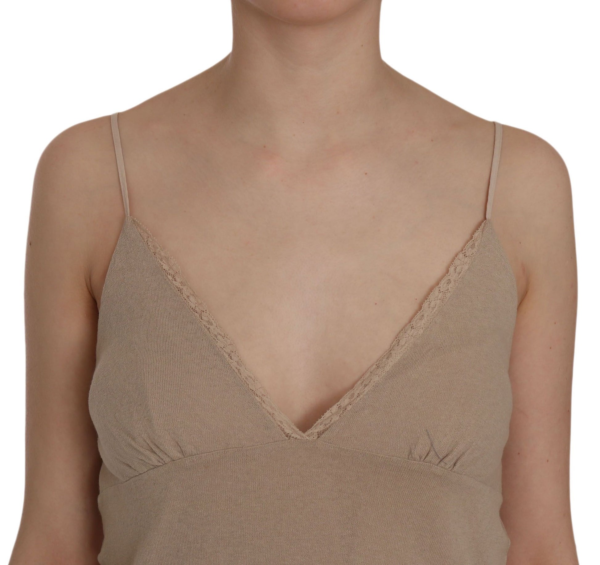 A beige lace spaghetti strap mini cotton dress