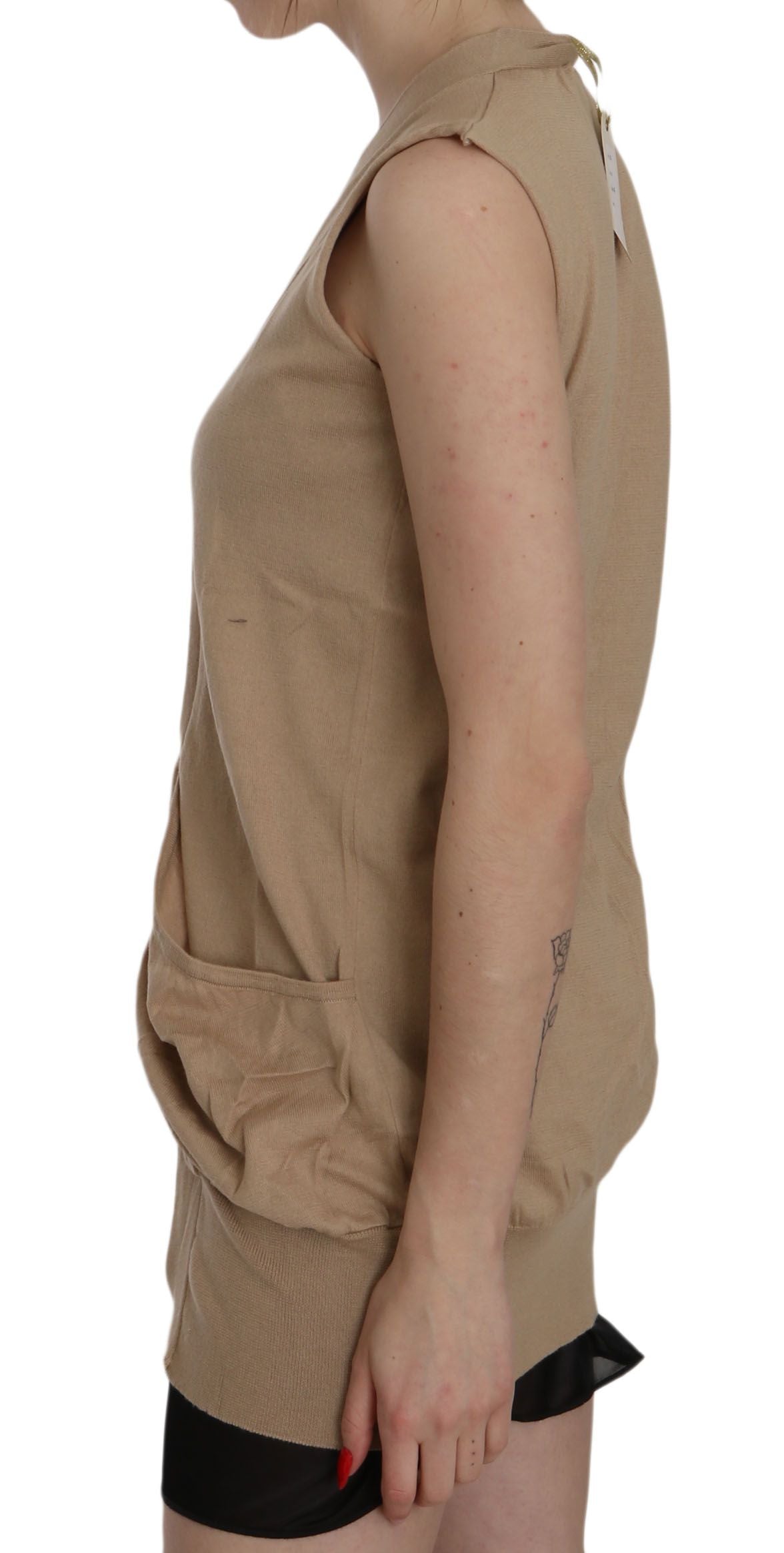 Tan short sleeve top on woman