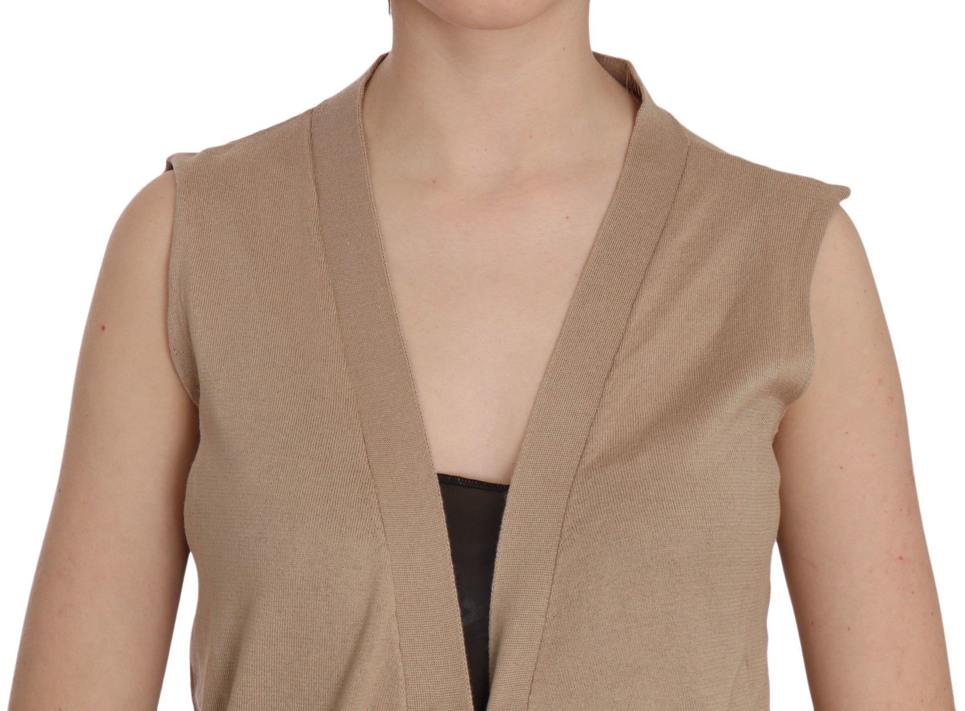 Tan cardigan with off-the-shoulder design