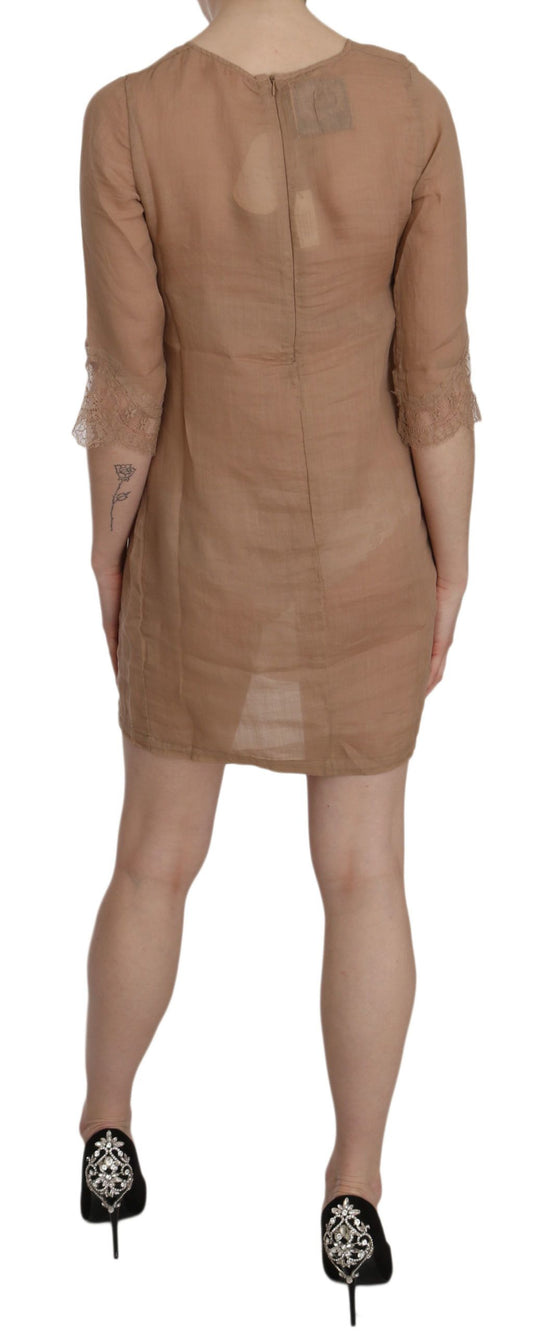 A brown crew neck dress with short sleeves and a mini length