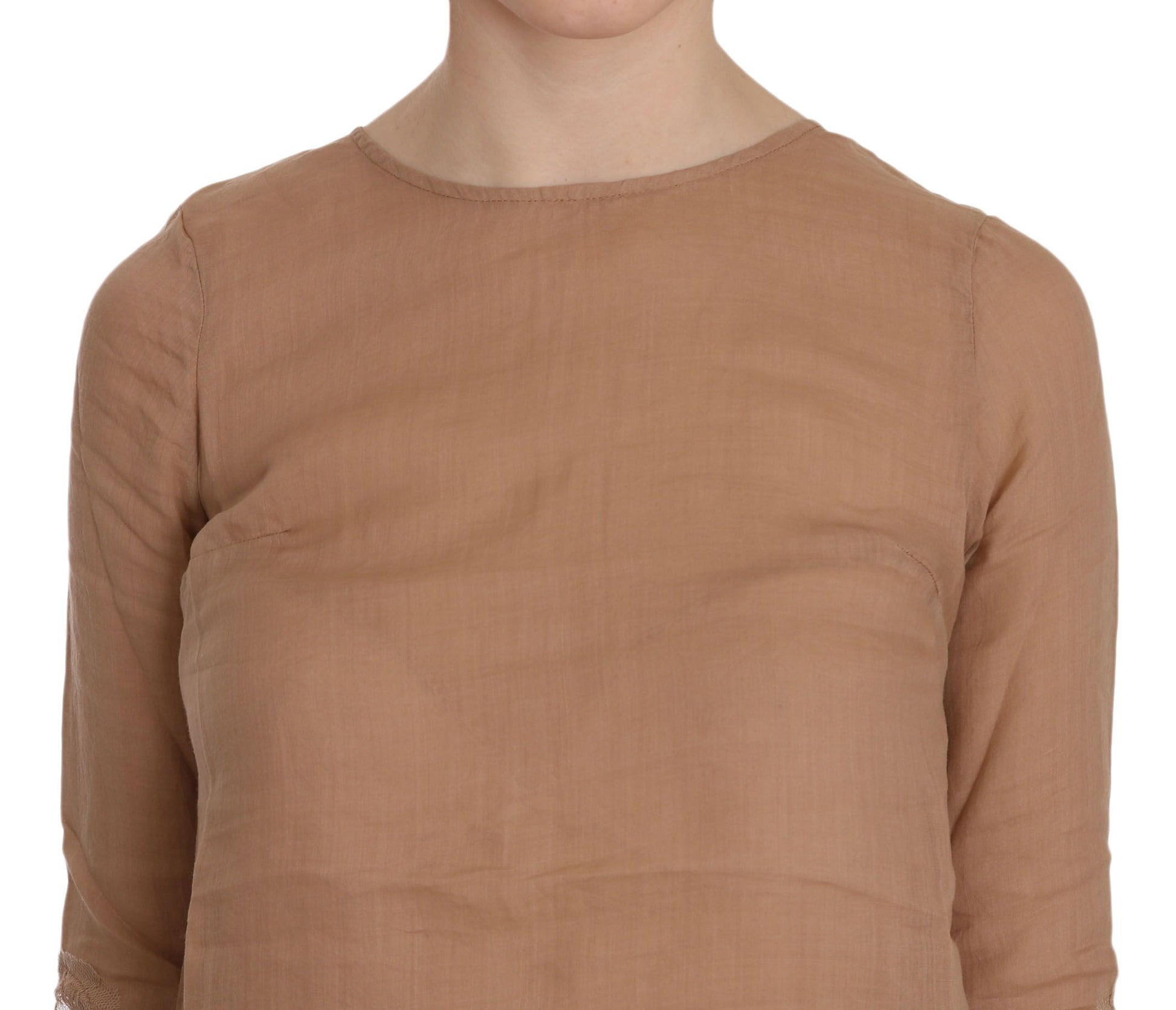 A brown crew neck dress with short sleeves and a mini length